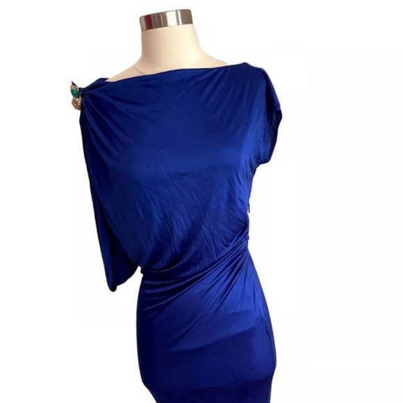 Roberto Cavalli Blue Evening Gown Jeweled Lizard Shoulder Accent Size 38 EUC - Picture 7 of 8